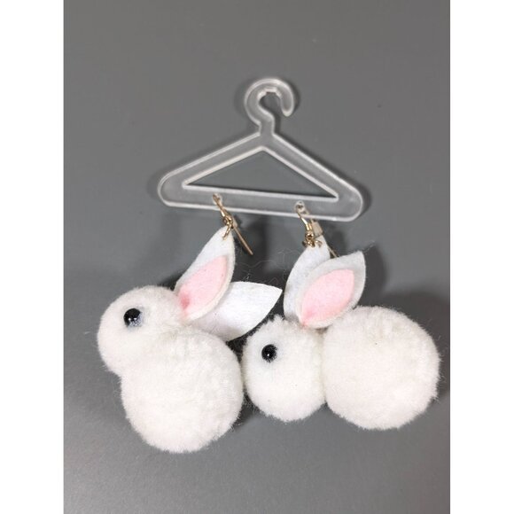 White Pom Pom Rabbit Dangle Earrings Easter Fuzzy - Picture 2 of 5
